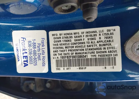 2014 Honda Civic Lx z USA, uszkodzony, nr VIN 19XFB2F59EE086541